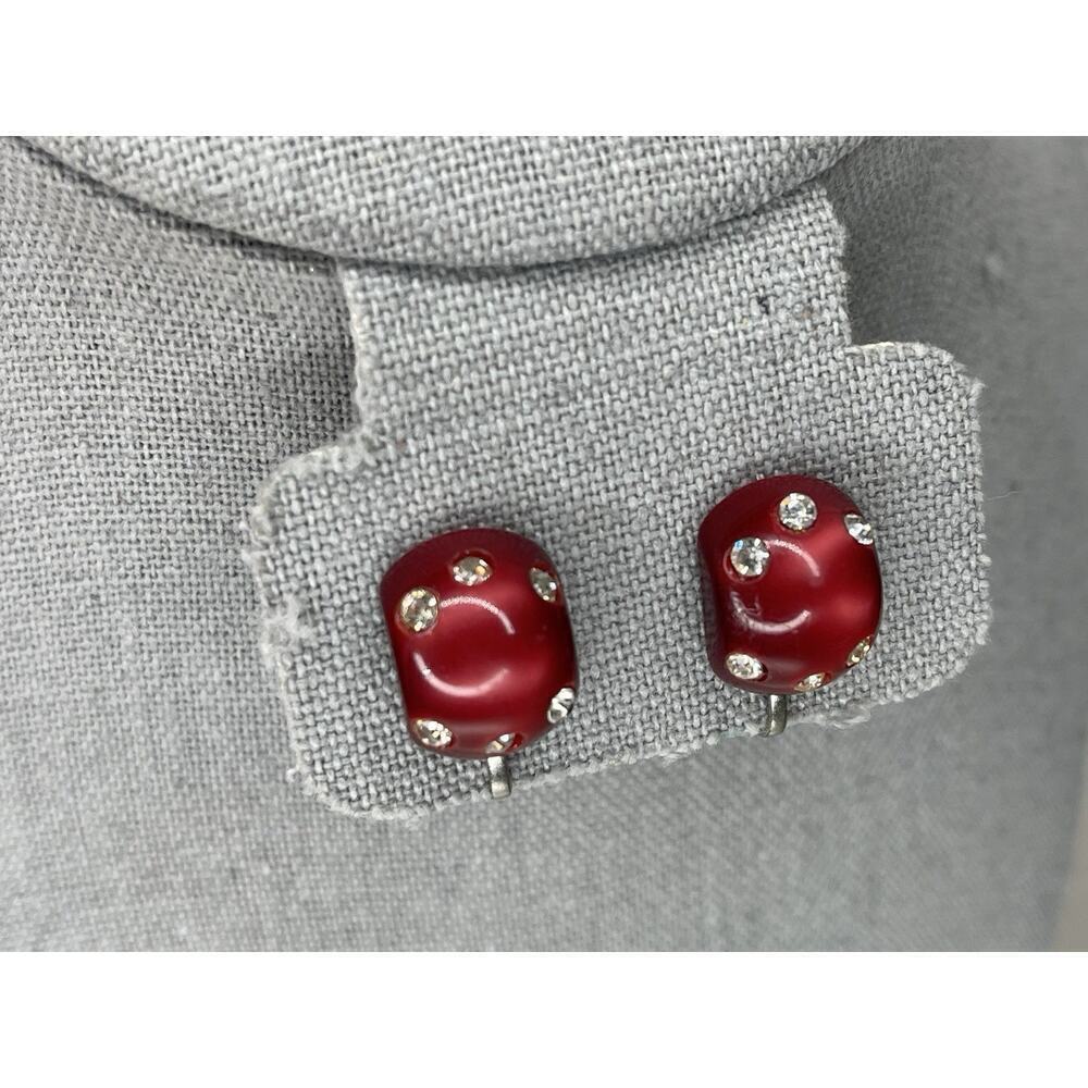 Vintage 1980's 70s Maroon Round Polka Dot Screwback Earrings Rhinestone